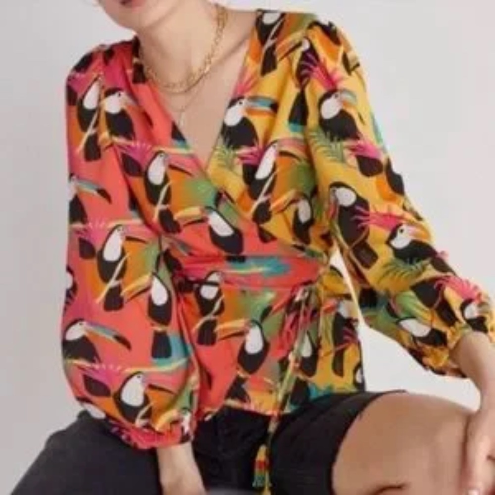 Farm Rio Toucan Rainforest Tropical Wrap Blouse size L